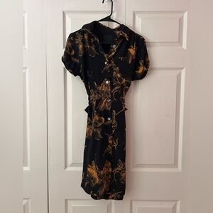 No. 6 Store Silk Black Gold Floral Button-Front Midi Dress with Back Cutout